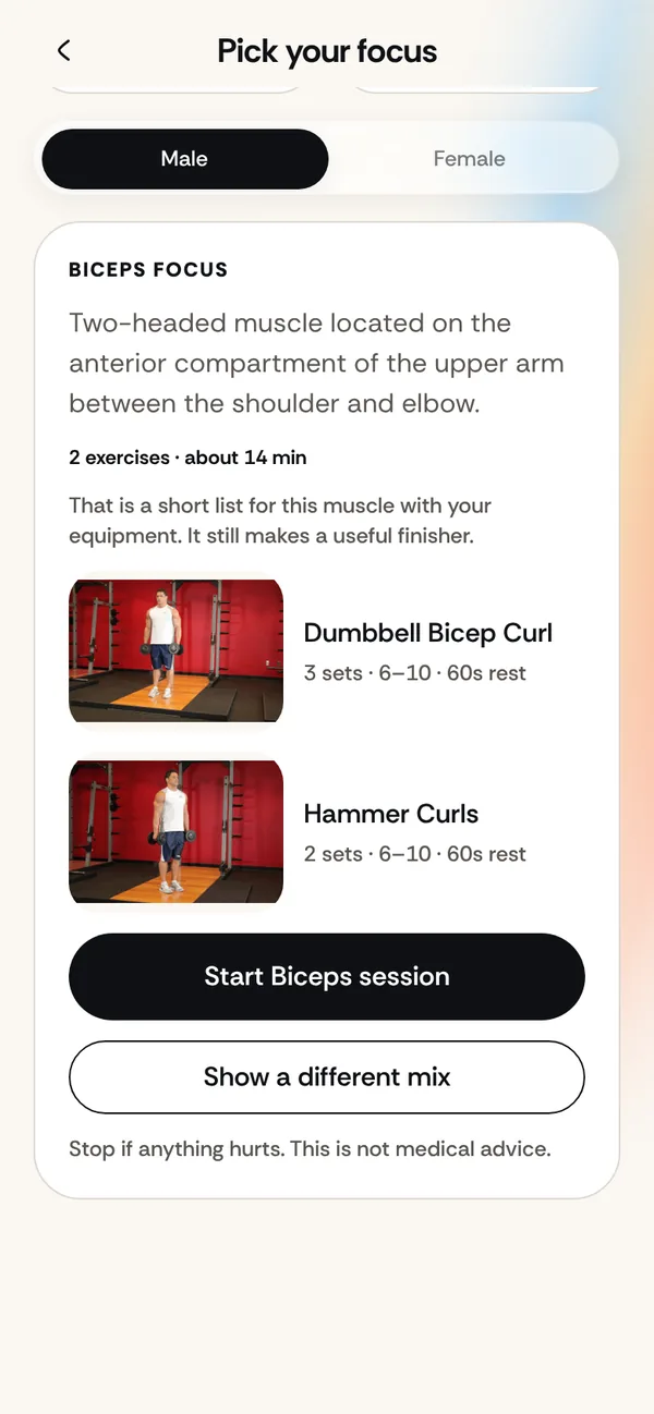 A biceps session preview with exercises and a start button