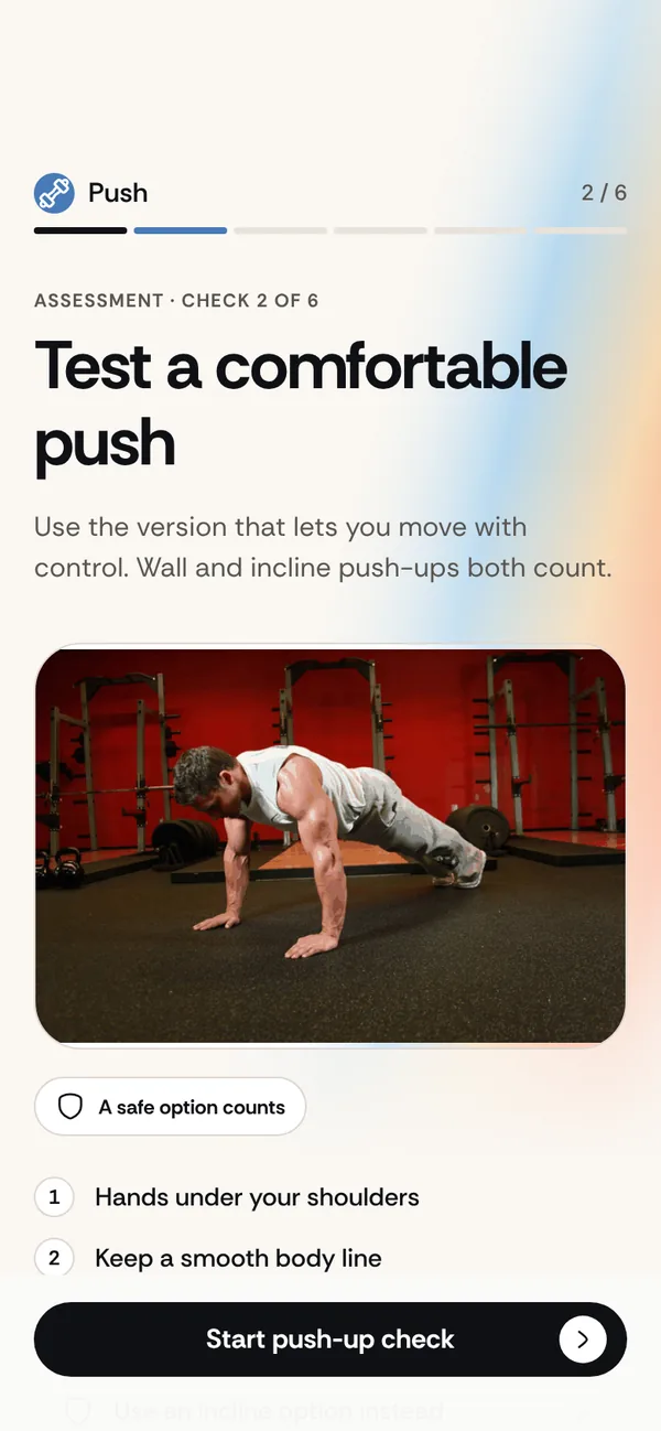 The push-up check in the Lvl Up assessment, with a real exercise demonstration