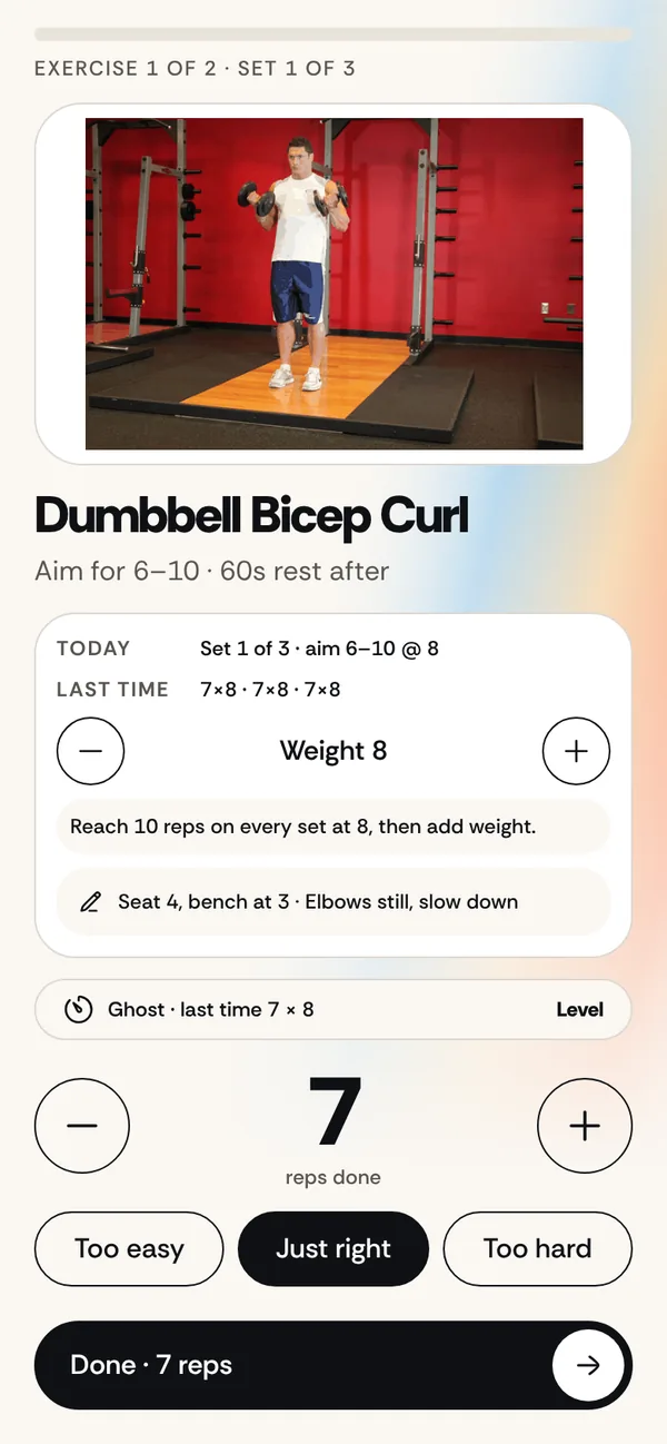 A live set in Lvl Up showing last time, today's target and a suggested weight