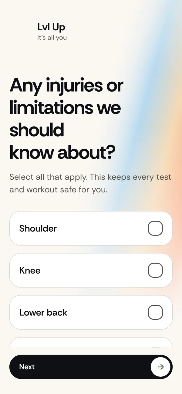 Setup question: any injuries or limitations we should know about